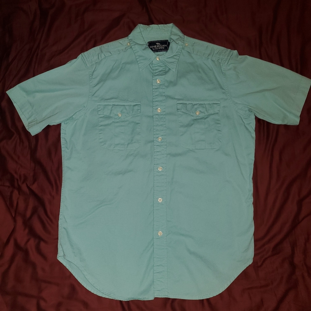 American Living Bluish Green Short Sleeve Button Up Shirt
